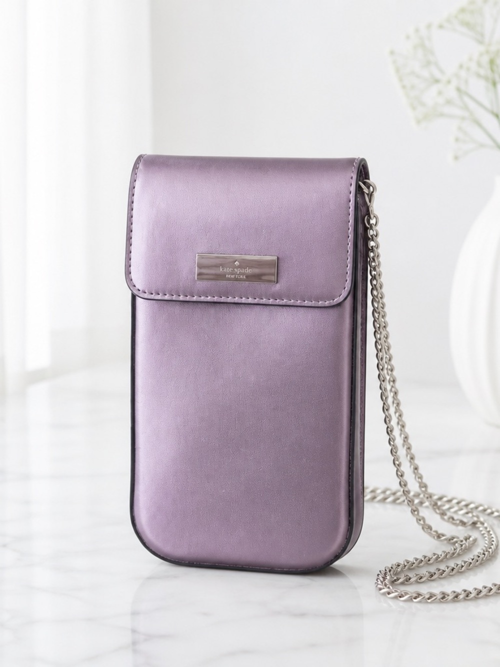kate spade metallic lavender crossbody phone bag with gold chain